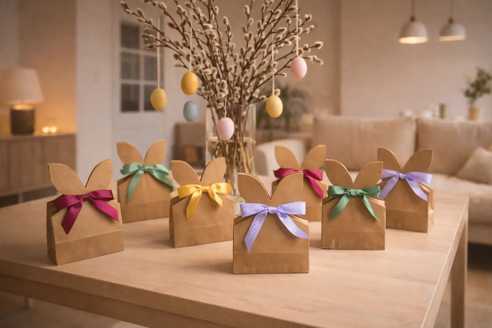 Húsvéti nyuszis ajándékcsomag kraft papír tasakokkal, pasztell masnikkal modern, meleg hangulatú enteriőrben, barkaágakkal díszített asztalon