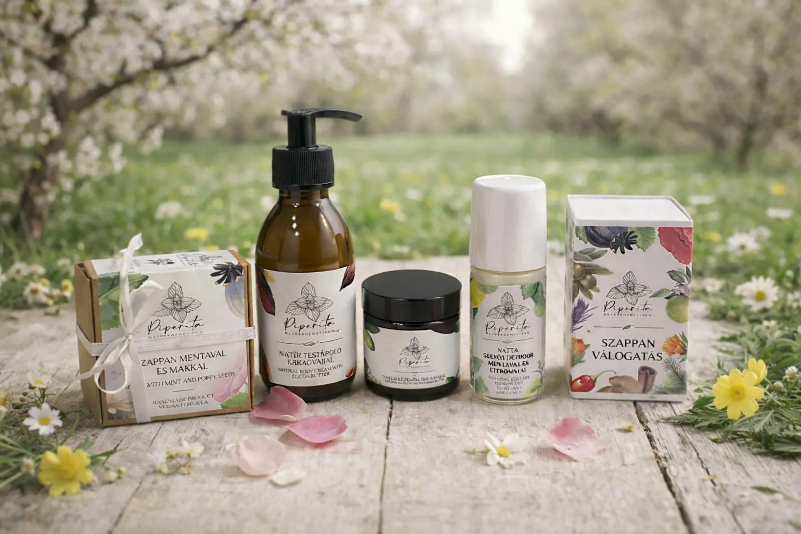 Natúr kozmetikum ajándékcsomag testápolóval, szappannal, dezodorral és krémmel virágos tavaszi környezetben