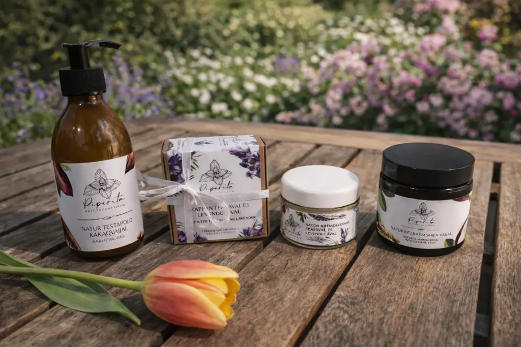 Natúr kozmetikum ajándékcsomag testápolóval, szappannal, kézkrémmel és dezodorral virágos kerti környezetben
