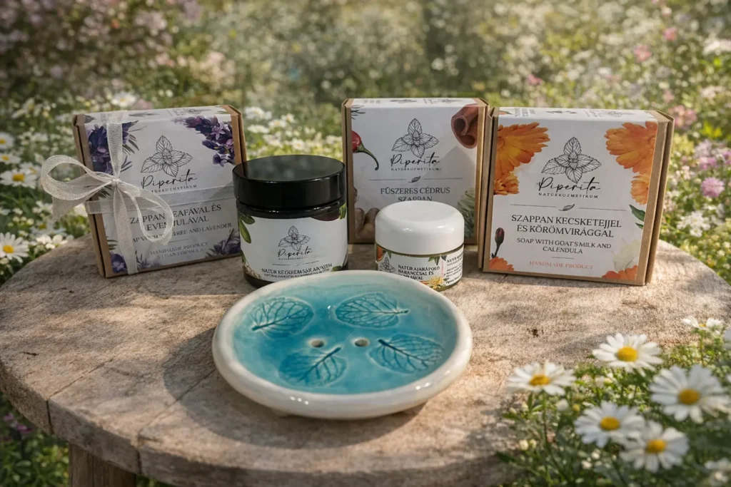 Natúr kozmetikum ajándékcsomag szappanokkal, kézkrémmel, ajakápolóval és kerámia szappantartóval virágos környezetben