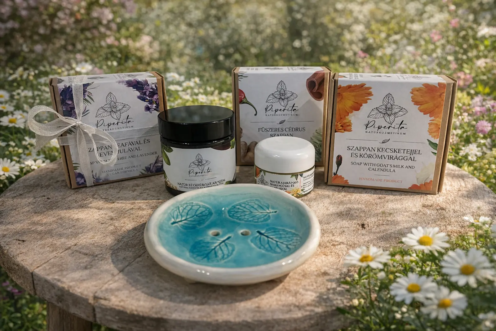 Natúr kozmetikum ajándékcsomag szappanokkal, kézkrémmel, ajakápolóval és kerámia szappantartóval virágos környezetben