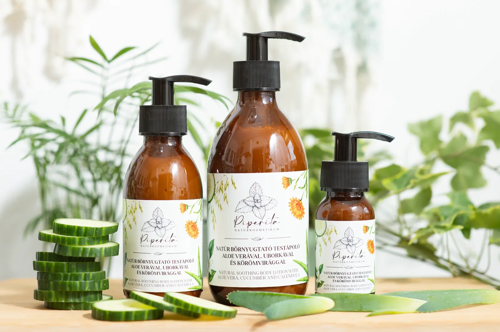 Három Piperita bőrnyugtató testápoló pumpás barna üvegben, uborkaszeletekkel és aloe vera levéllel, zöld növényes háttér előtt.